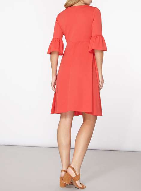 **Maternity Coral 3/4 Flute Sleeve Dress